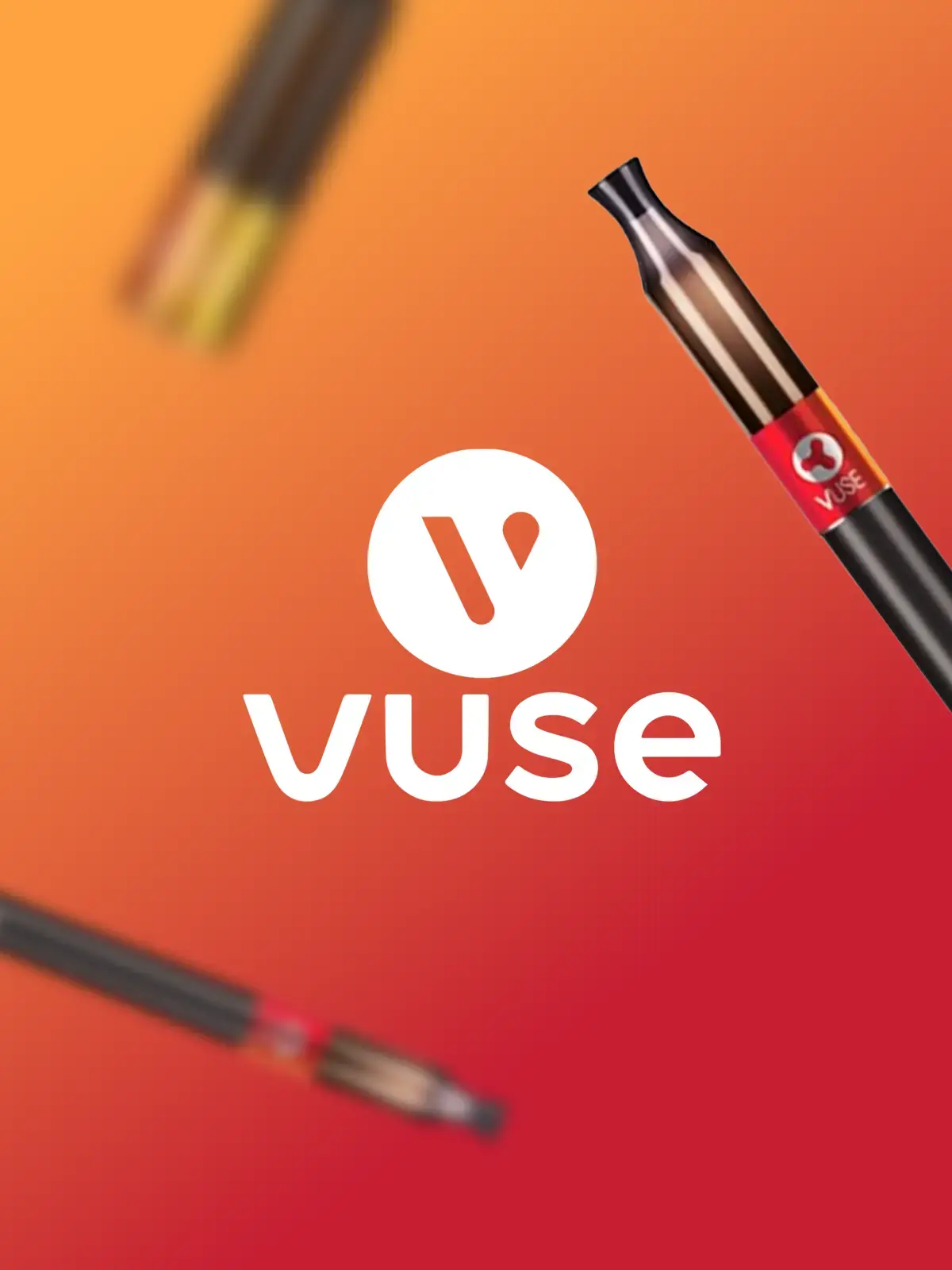 Vuse Logo surrounded by a Vuse Vibe device in the foreground, with one blurred in the background along with a Vuse Vibe refill tank